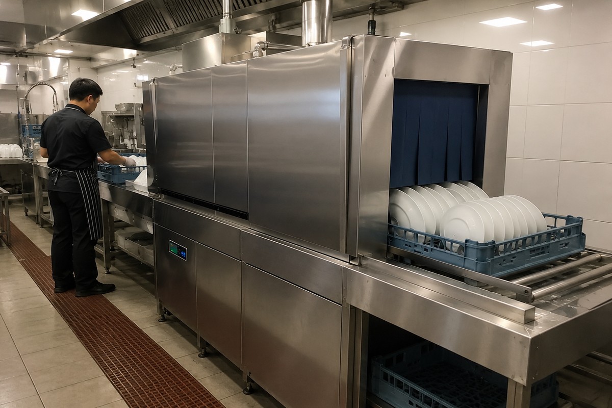 Rack conveyor commercial dishwasher installed at a restaurant kitchen in Singapore
